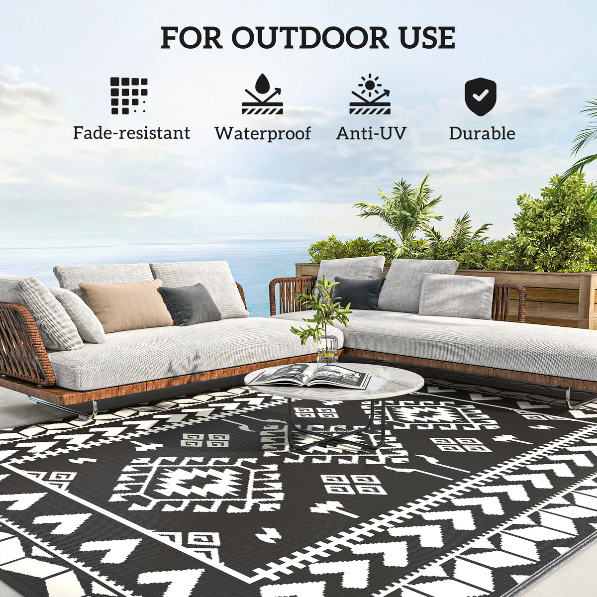 Outdoor Rug, 8' x 10' Floor Mat, Black White Rhombus Patchwork