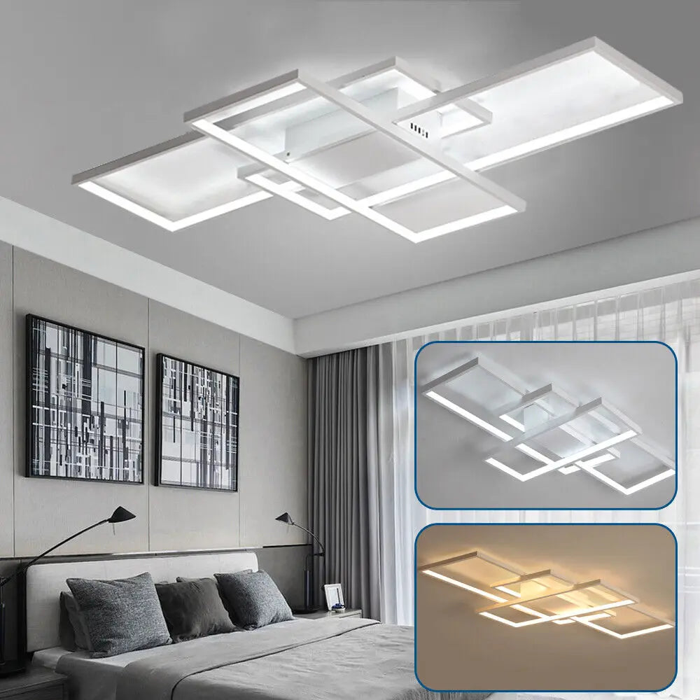 Modern LED Square Ceiling Light Dimmable Flush Mount Living Room Chandelier Lamp W/ Remote