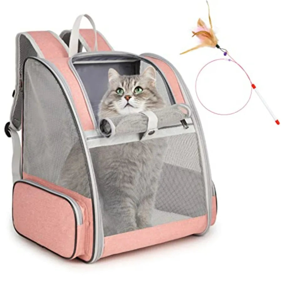 Cat Backpack Carrier, Large Pet Carrier Backpack with Kitten Wand Feather Toy