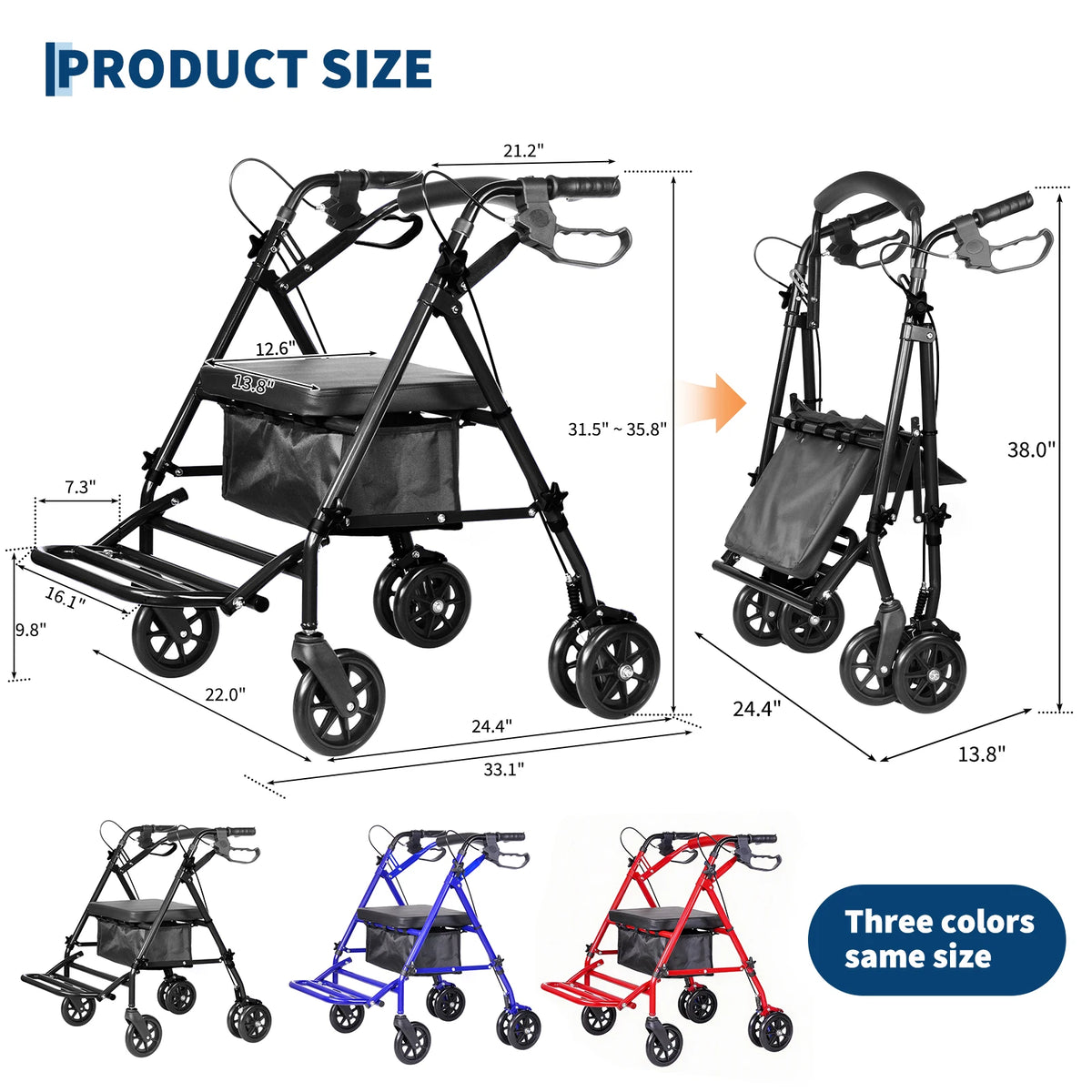 Lightweight Foldable Transport Wheelchair for Adults Foldable Portable Wheelchair Adjustable Height & Under seat Storage Bag