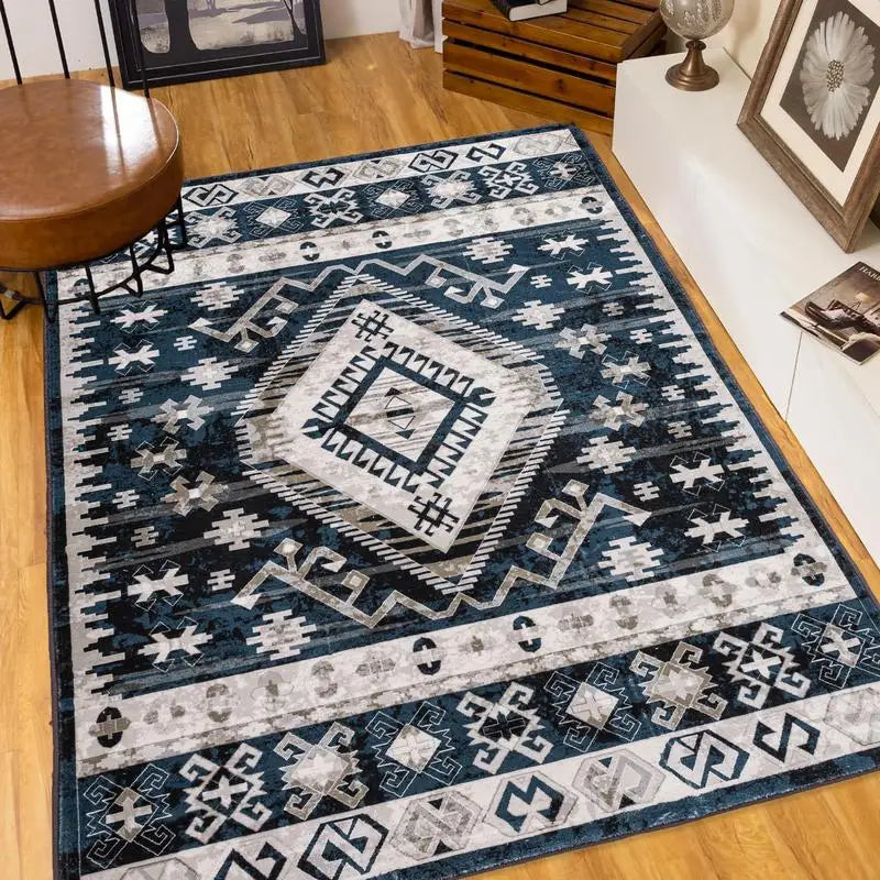 8x10 Vintage Bohemia Large Non-Slip Washable Area Rug ..Geometric Blue/Black Design