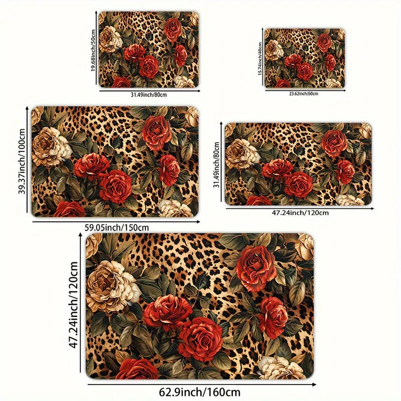 1Pc/ 8mm Vintage Leopard Print Rose Esports Room Floor Mat. Machine Washable .