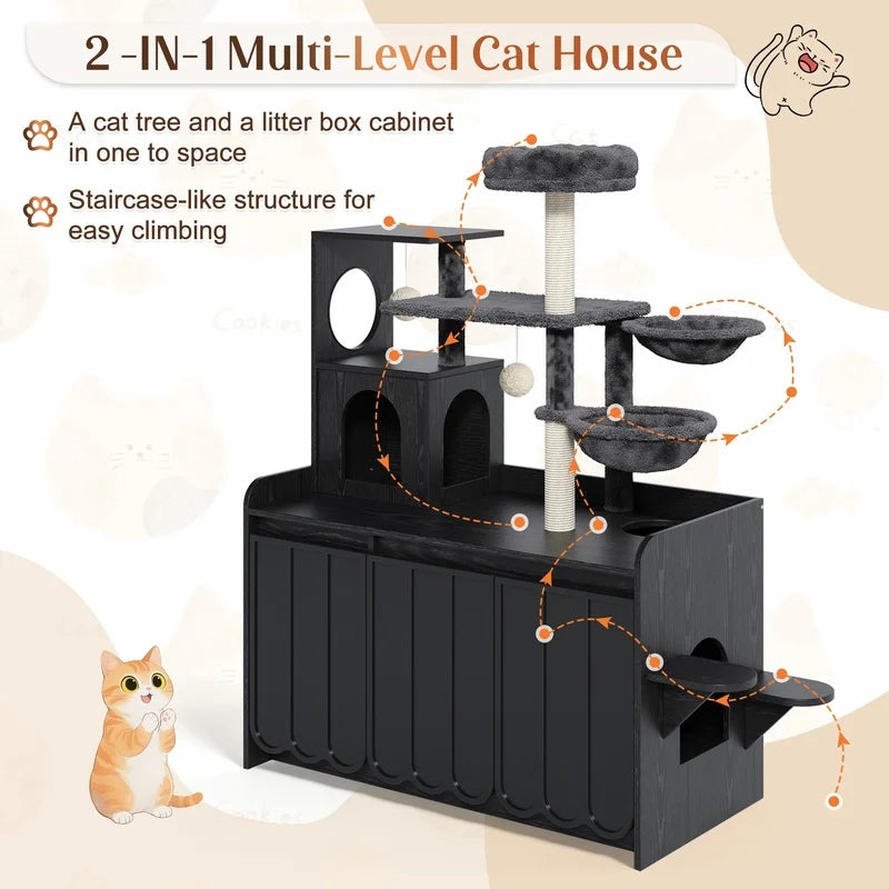Black Cat Tree with Litter Box Enclosure, Sisal Scratching Post, Storage, Hammock, and Perch –