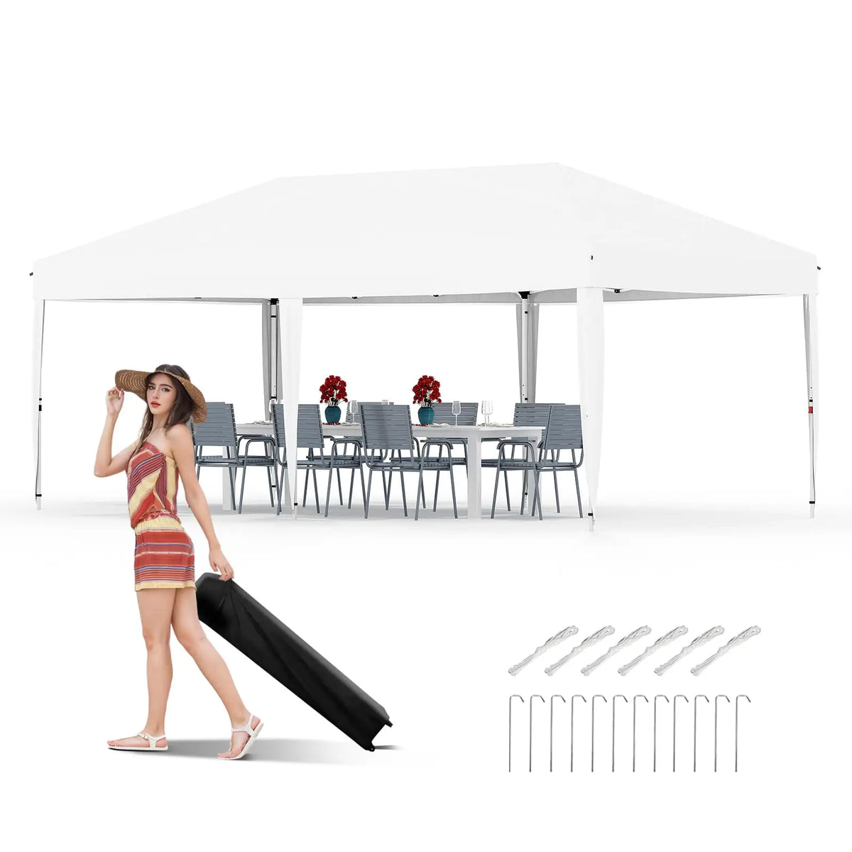 10x20 Pop Up Canopy with 6 Sidewalls,. Heavy Duty Outdoor Instant Canopy Tent with Portable Roller Bag, Silver Coated Top, 3 Adjustable Height, Sandbags, White