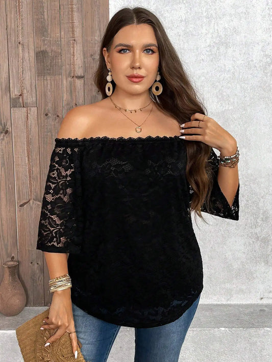 Black Lace Off Shoulder Blouse Plus Size