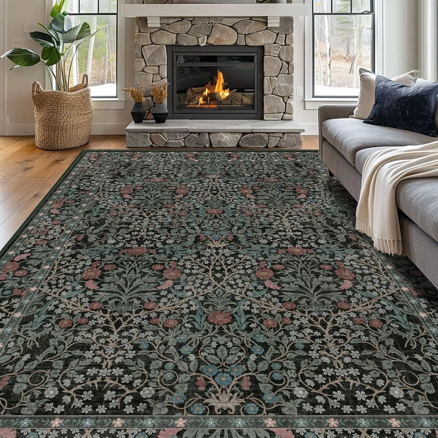 8x10 Washable Vintage Area Rug, Floral Low Pile Non-Slip Carpet.Dark Green