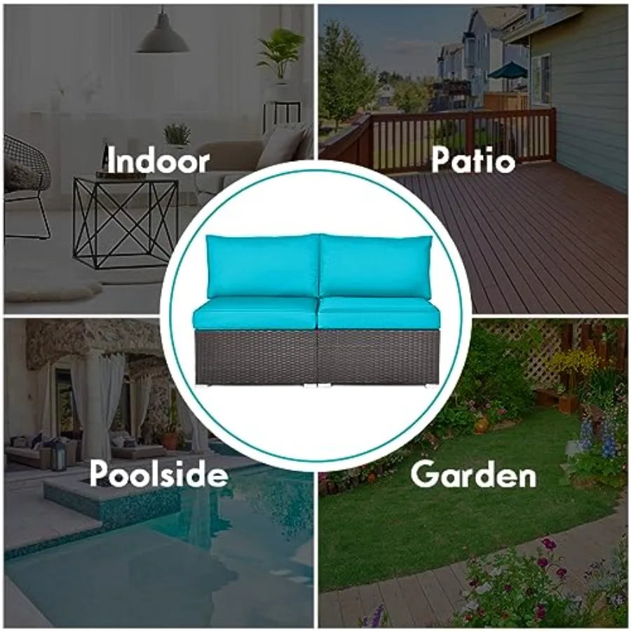 2PCS Wicker Patio Conversation Set Chairs with Soft Cushion, . Turquoise