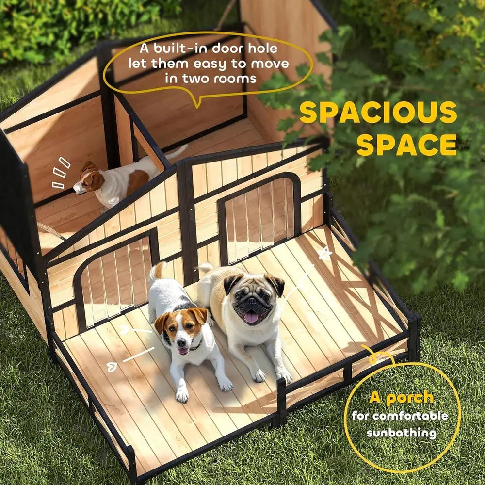 Elevated Wooden Outdoor Dog Kennel with Porch, Removable Bottom,.