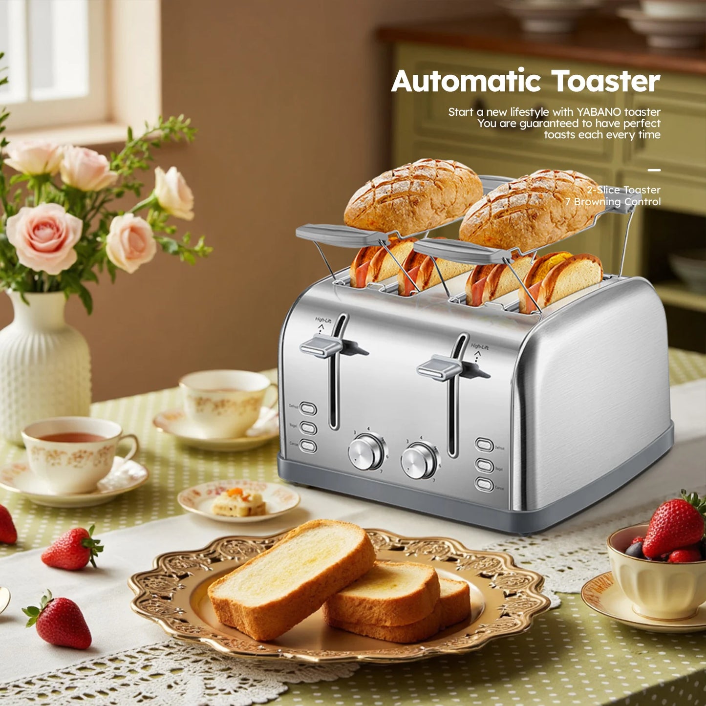 4 Slice Stainless Steel Toaster, Extra Wide Deep Slots for Thick Bread & Bagel, High Lift Lever Design, 7 Browning Shades with Warm Rack, Removable Crumb Tray, Silver