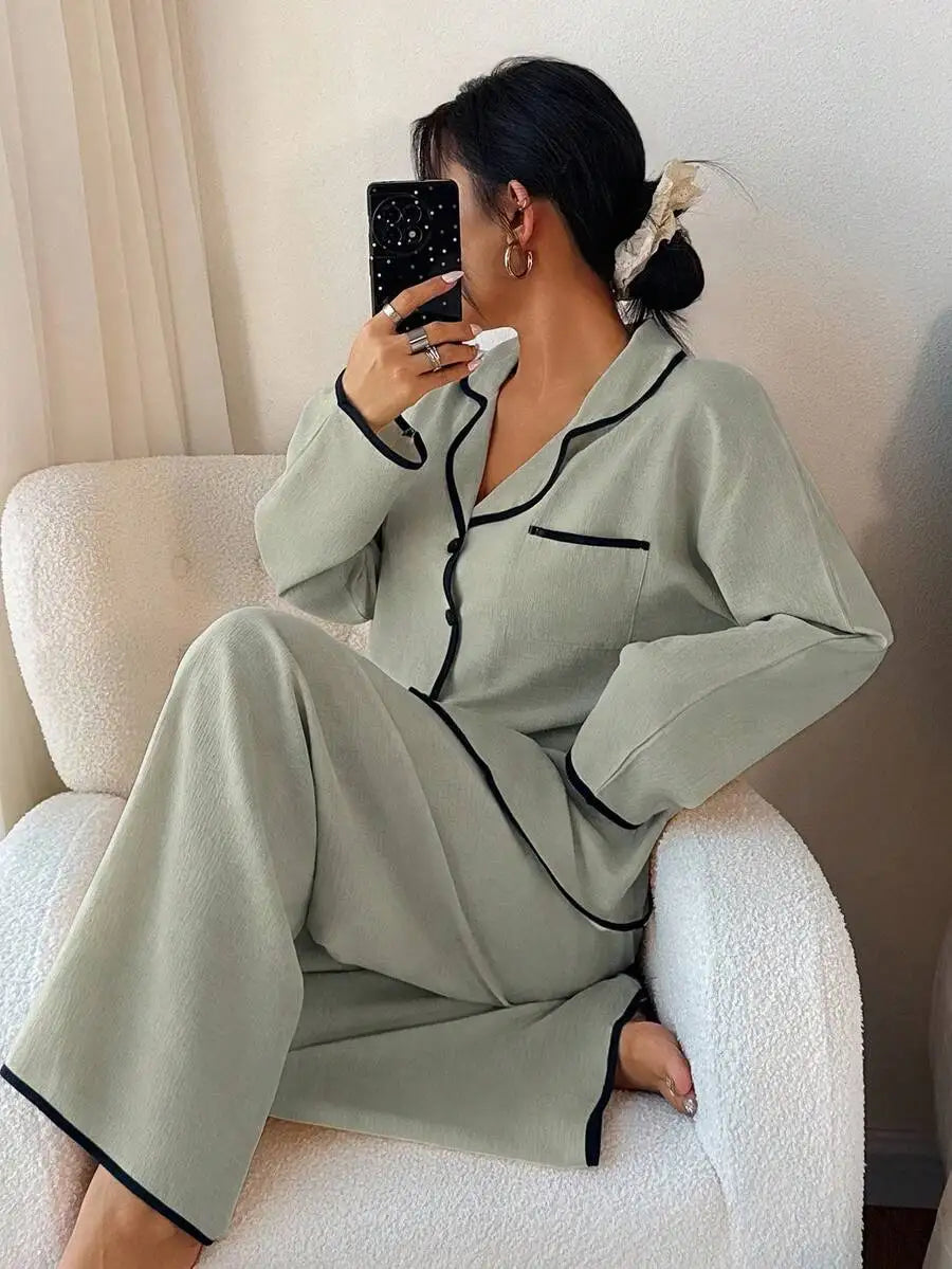 Womens Contrast Trim Lapel Loose Long Sleeve Pajama Set Light Green