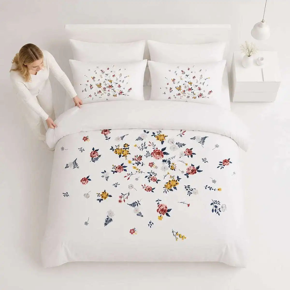 2/3Pcs Floral Cluster Printed Duvet Cover Set, White Base Vintage Botanical Flower Bedding Set, .