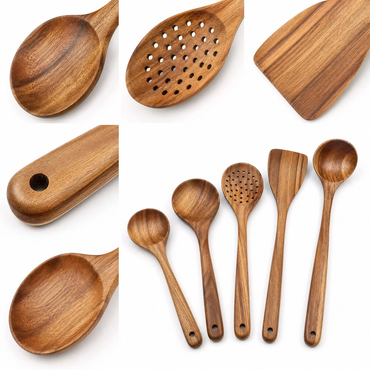 5-Piece Wooden Kitchen Utensils Set, Natural Wood Cooking Spoons and Spatulas, Heat Resistant Non-Stick Cookware .