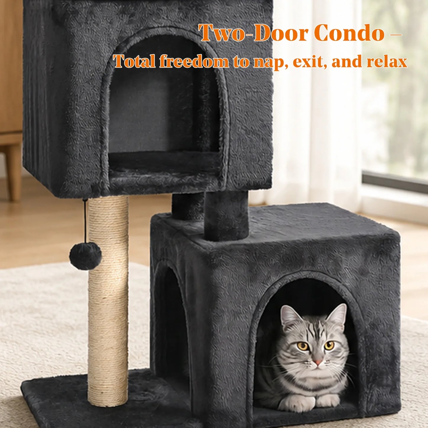 30-Inch Cat Tree with 2 Cozy Condos Sisal Scratching Post Soft Top Perch Hanging Pompom .