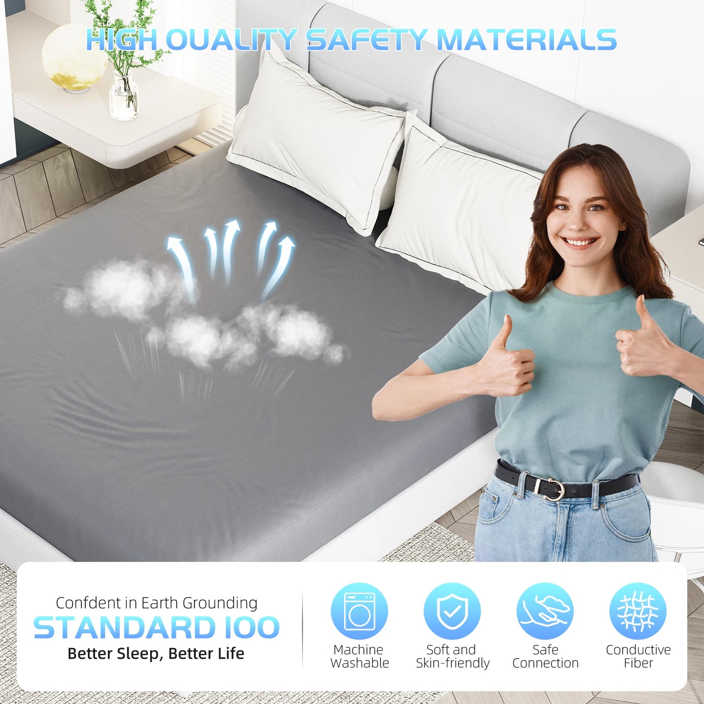 . Grounding Sheet, 90% Organic Cotton+10% Pure Silver Organic for Improved Sleep