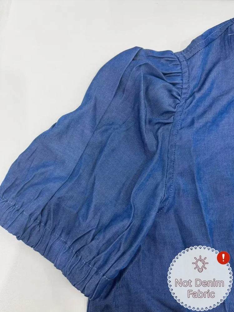 Round Neck Puff Short Sleeve Ruffle Placket Button Front Loose Casual Blouse.