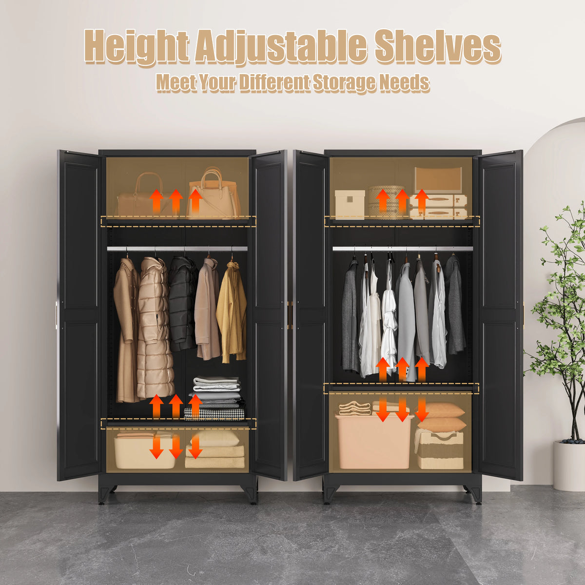Steel Long Adult Modern Steel Armoire Wardrobe Storage Closet with 2 Doors and Shelves .