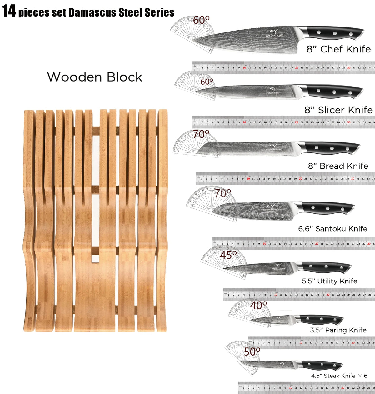 14 Pieces VG10 Damascus Steel Kitchen Knife Set Black Handle .