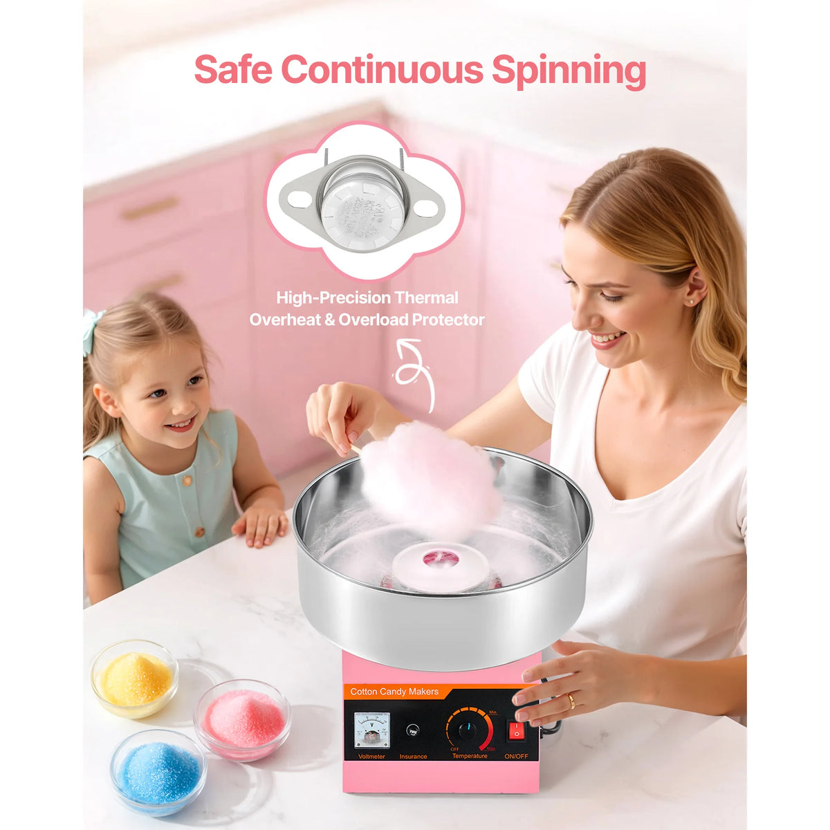 SucceBuy Cotton Candy Machine Commercial, 1000W Electric Candy Floss Maker Sugar Machine with 15 inch Stainless Steel Bowl