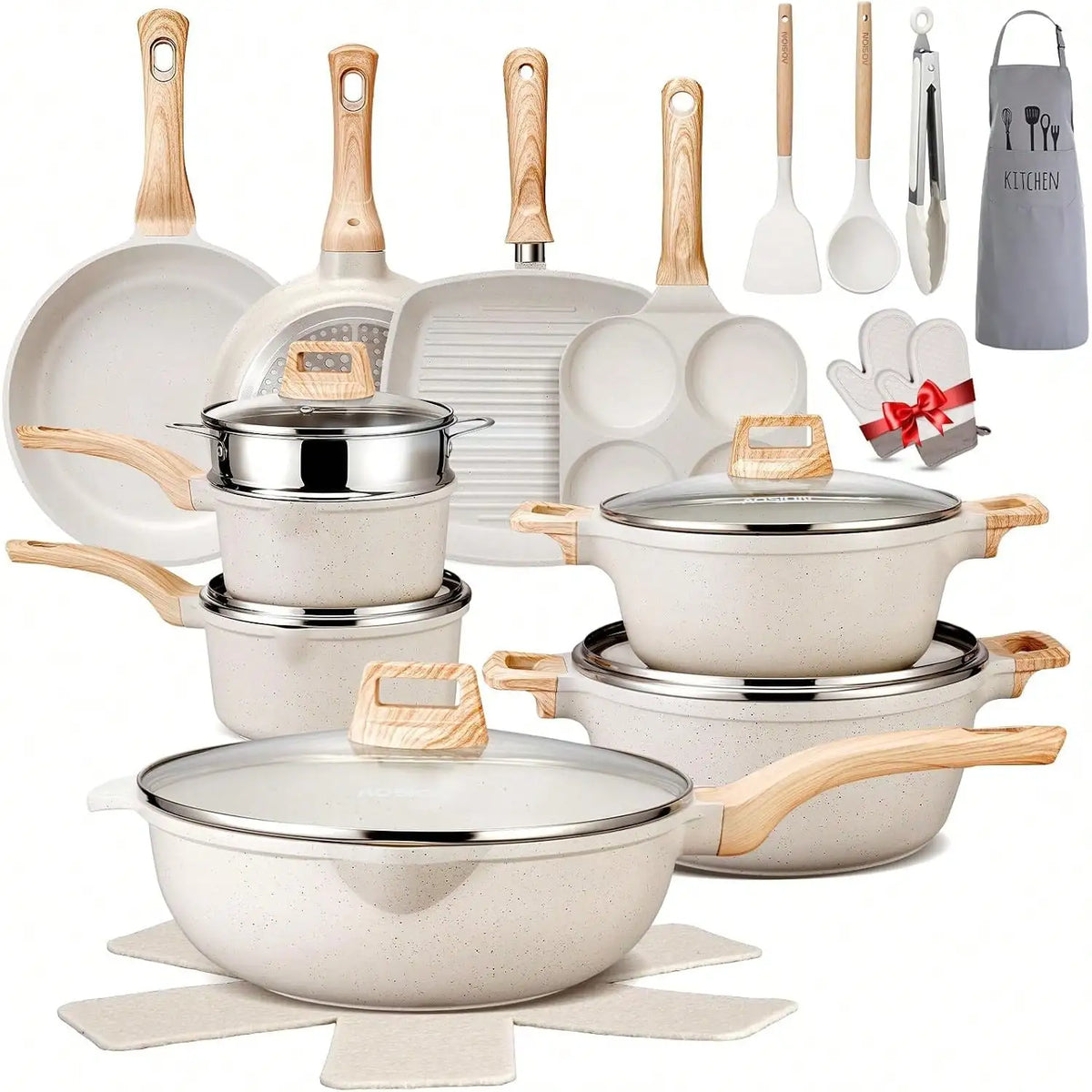 27PCS Pots And Pans Set, Nonstick Ceramic Cookware Set,  With Gloves, Apron, Silicone Tools & Pot Protectors, .