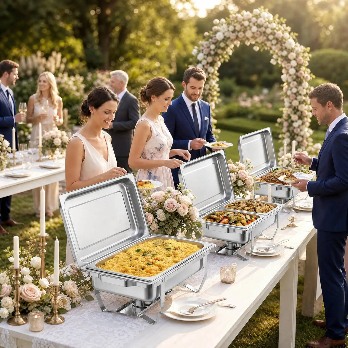 4 Pack 9.5 QT Stainless Steel Chafing Dishes Buffet Set, 7 Food Pans & Folding Stands,.