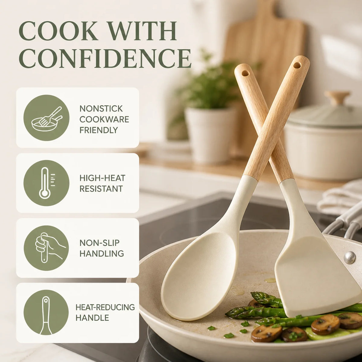 Silicone Kitchen Utensil Set with Holder, Beige Wooden Handle.