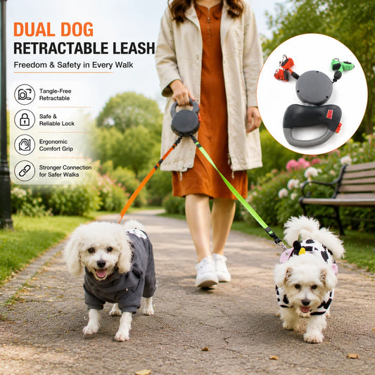 Self-Retracting Pet Leash with Dual Heads, 360-Degree Outdoor Dog Lead, One Leash for Two Dogs