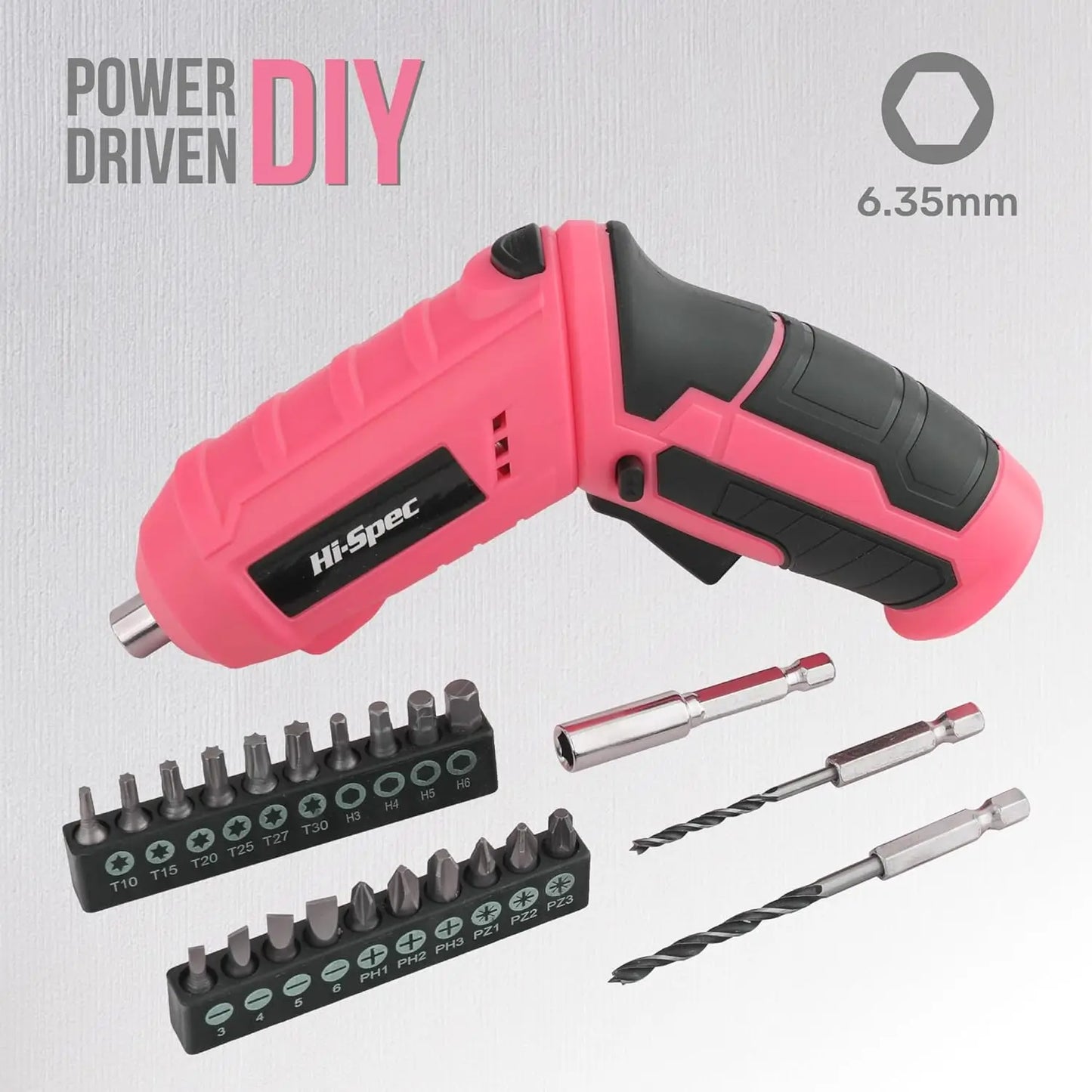 42pc Pink Cordless Power Screwdriver & Household Tool Kit with USB Rechargeable Electric Driver.