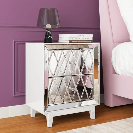 12x18x22" Nightstand Mirrored, White Night Stand with 2 Drawers,