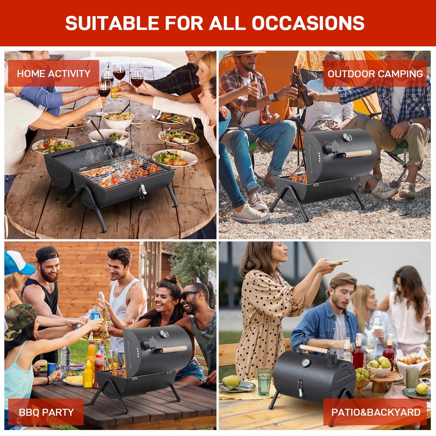 Portable Charcoal Grill with Thermometer and Wooden Handle Compact Tabletop.