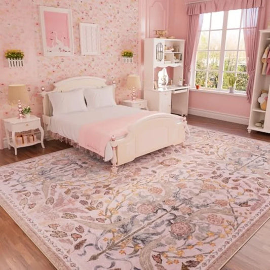 8x10 Washable Area Rugs  Floral Boho Vintage Print, Pink Polyester,