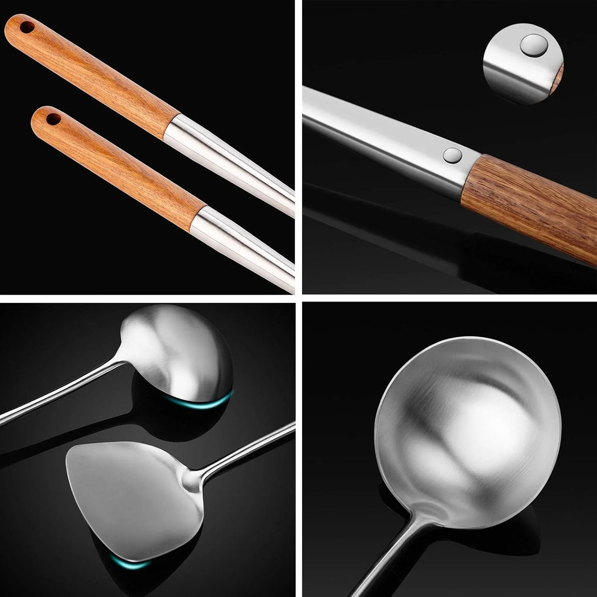 4PCS, Wok Spatula and Ladle, Skimmer Spoon, Slotted Turner Spatula Set, Stainless Steel Kitchen Utensils Sets, with Wooden Handle,.