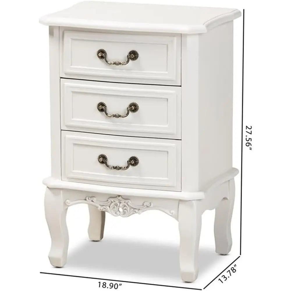 French Provincial Style White Nightstand with Brass Handles