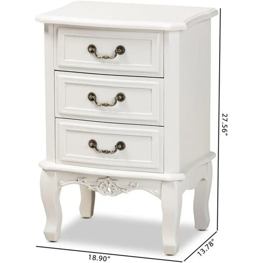 French Provincial Style White Nightstand with Brass Handles