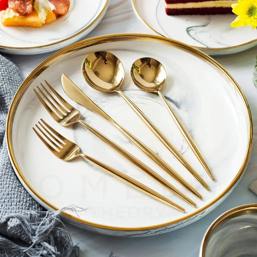 18/10 Gold Silverware Set, 5pc Mirror Polished Modern Silverware Set, .