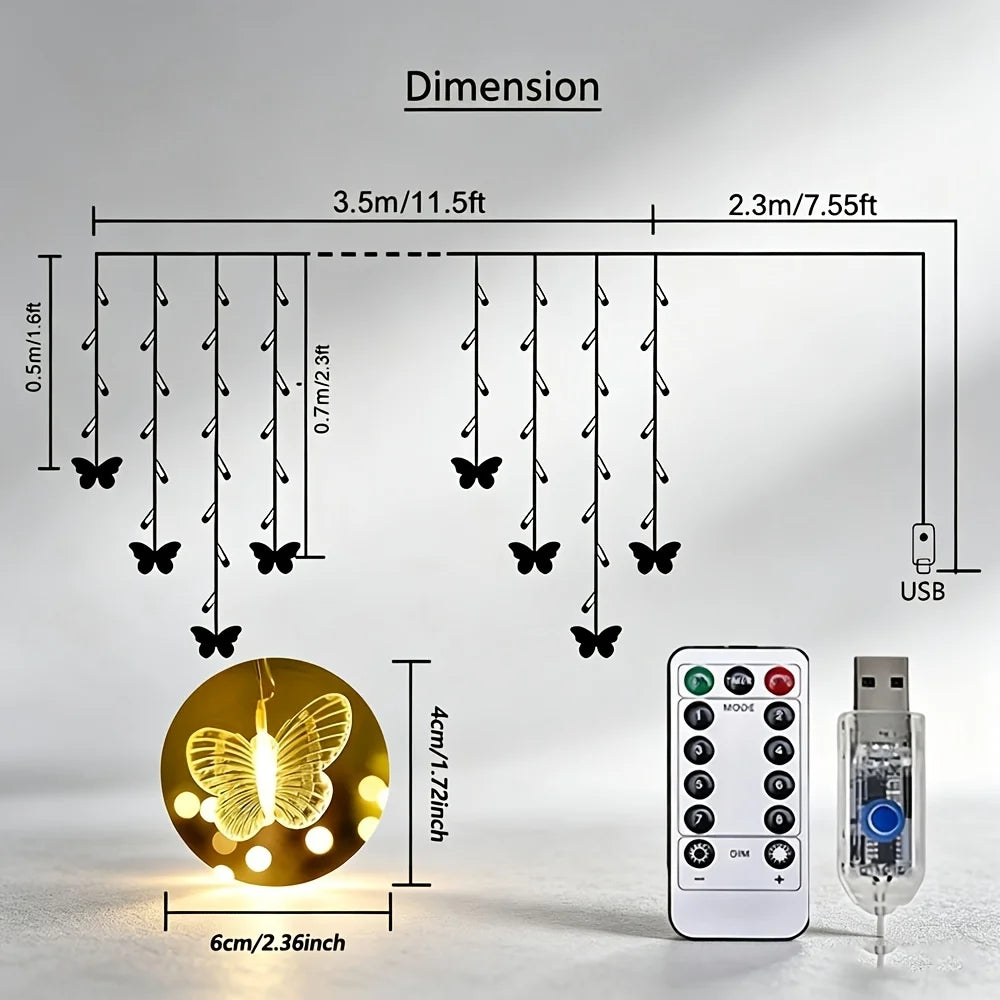 19.05ft Warm White USB- Curtain Lights with 8 Lighting Modes & Multi-Shape String Lights Suitable .(No Curtain Included)