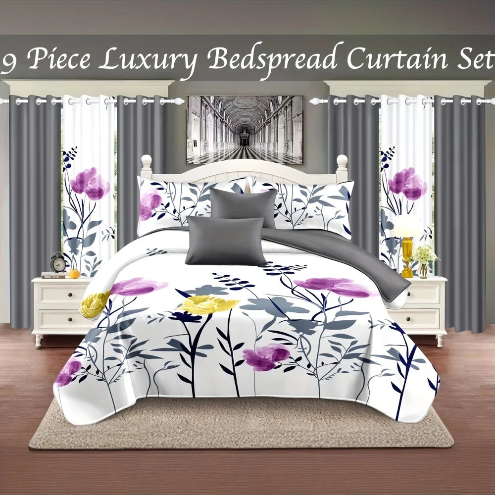 9 Piece Luxury Bedspread And Curtain Set Purple Floral Microfiber All Season