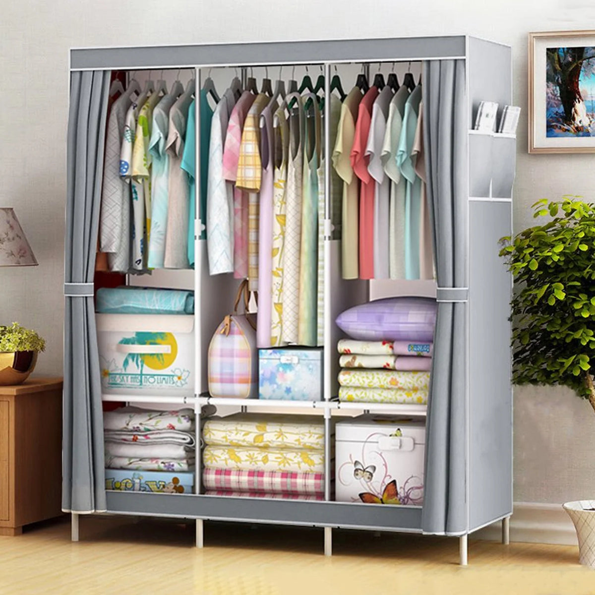 Closet Wardrobe Organizer Storage Rack Portable Clothes Shoe Clothing Shelf Dustproof Non-woven Fabric.