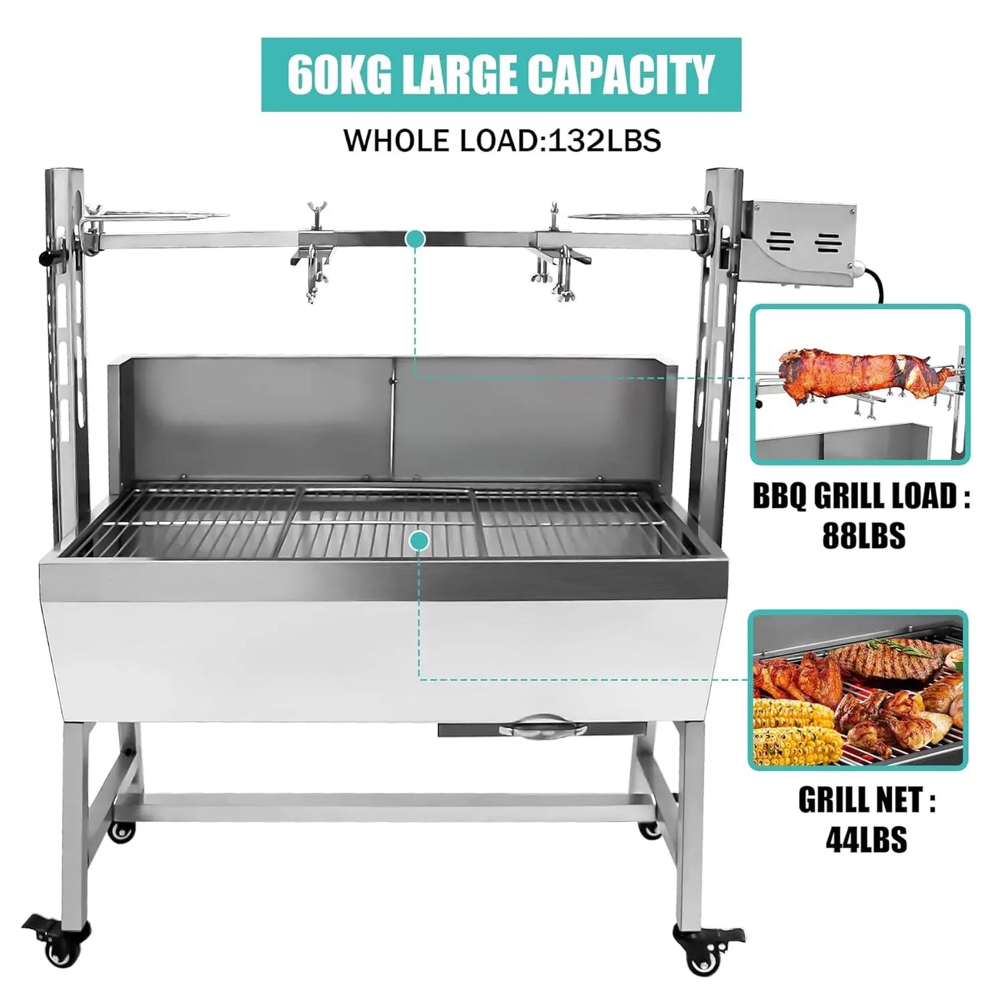 132LBS Stainless Steel Rotisserie Grill Roaster . with Back Cover Guard 25W Motor.