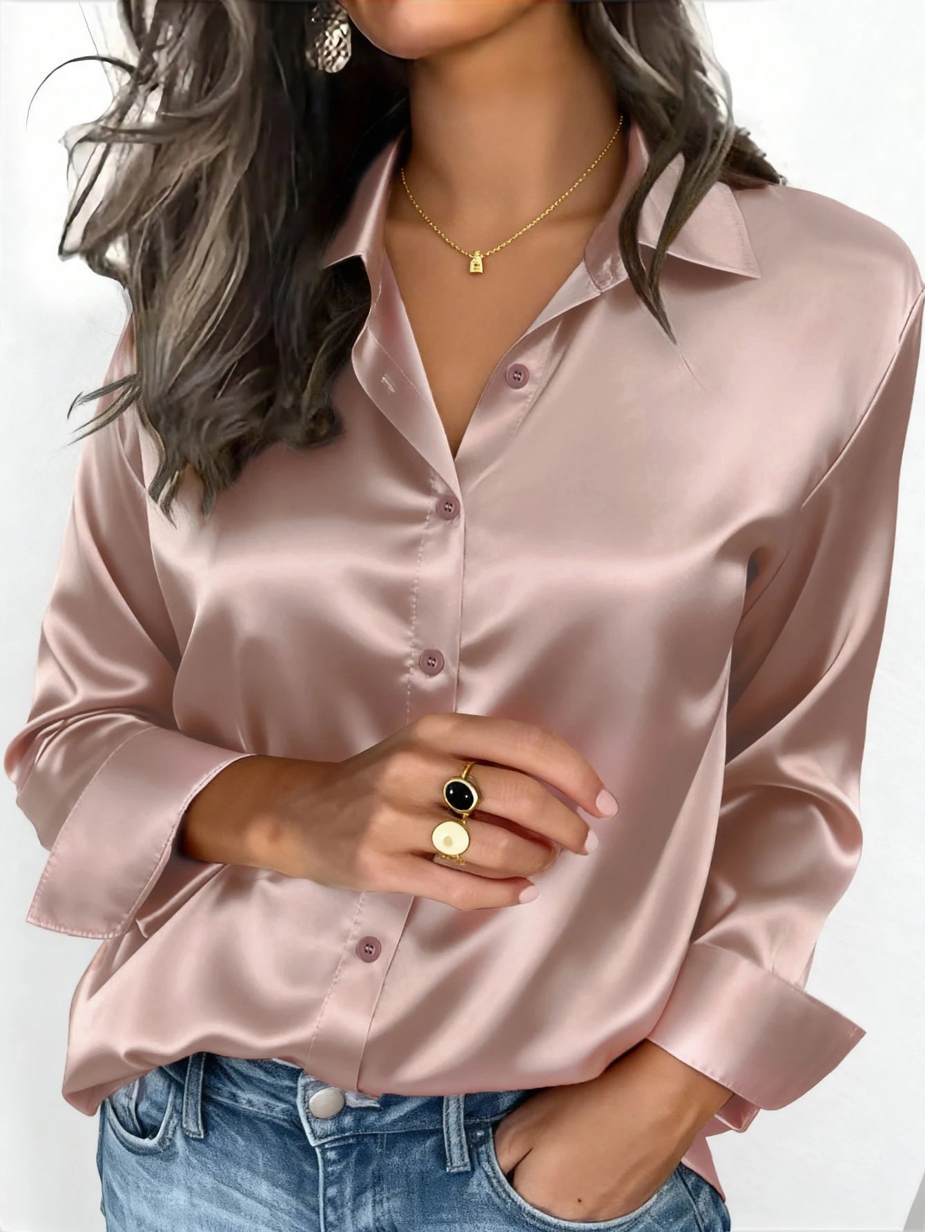 Women's Satin Button-Up Blouse, Apparel
