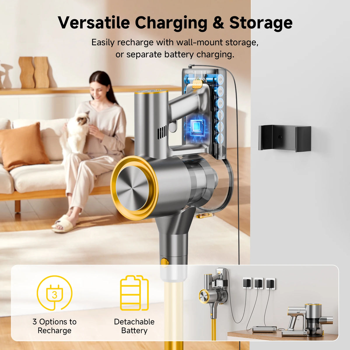 78KPa Powerful Cordless Vacuum Cleaner LED Display 45Mins Self Standing Stick Vacuum 1.5L Large Dust Cup .