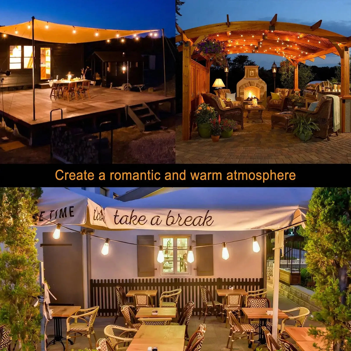 50/100FT Outdoor String Lights With 12 S14 Edison Vintage Bulbs, Connectable Outdoor Patio Lighting, Waterproof And Shatterproof .