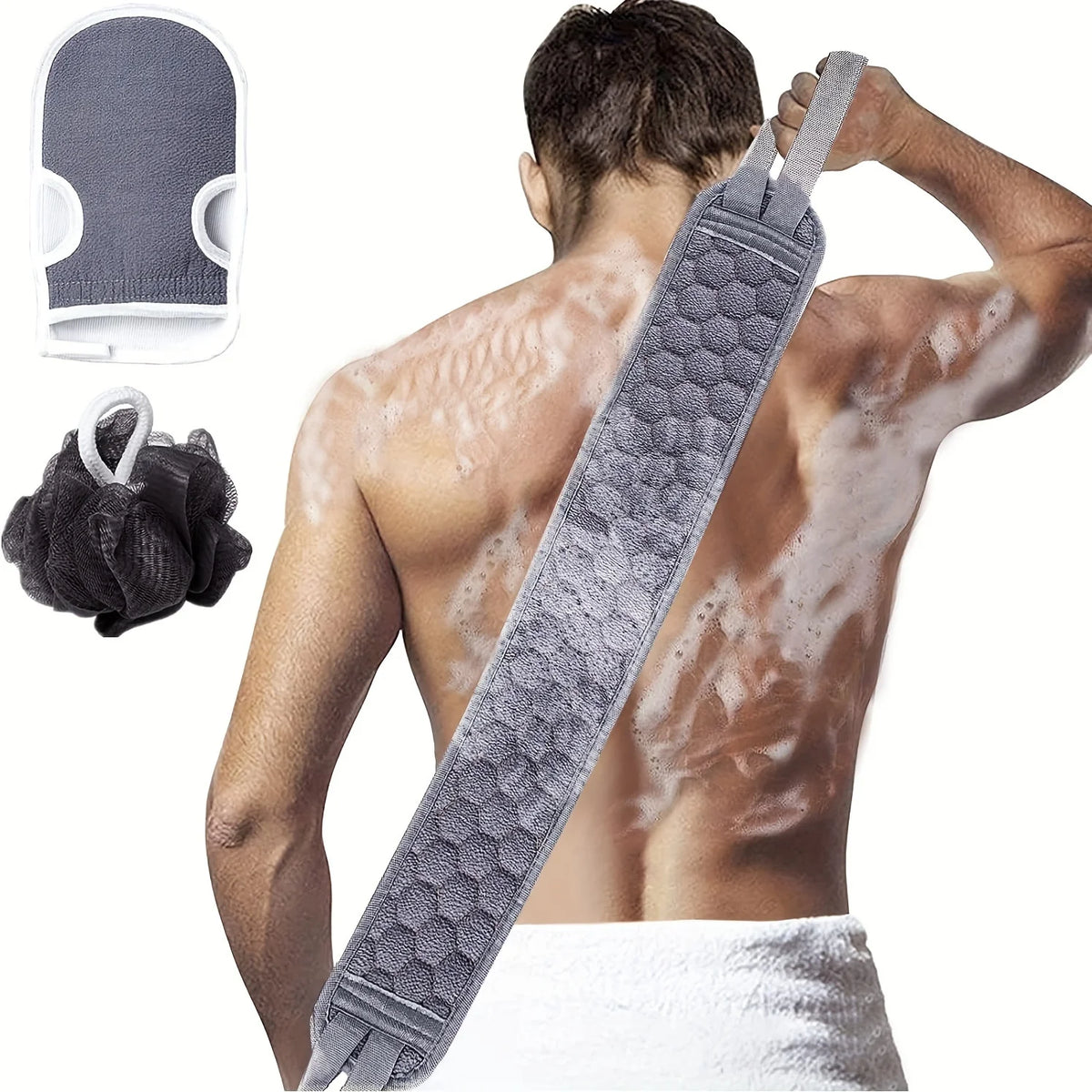 Exfoliating Body Scrubber Set - Includes Back Scrubber, Bath Glove And Shower Bath Sponge Loofah .