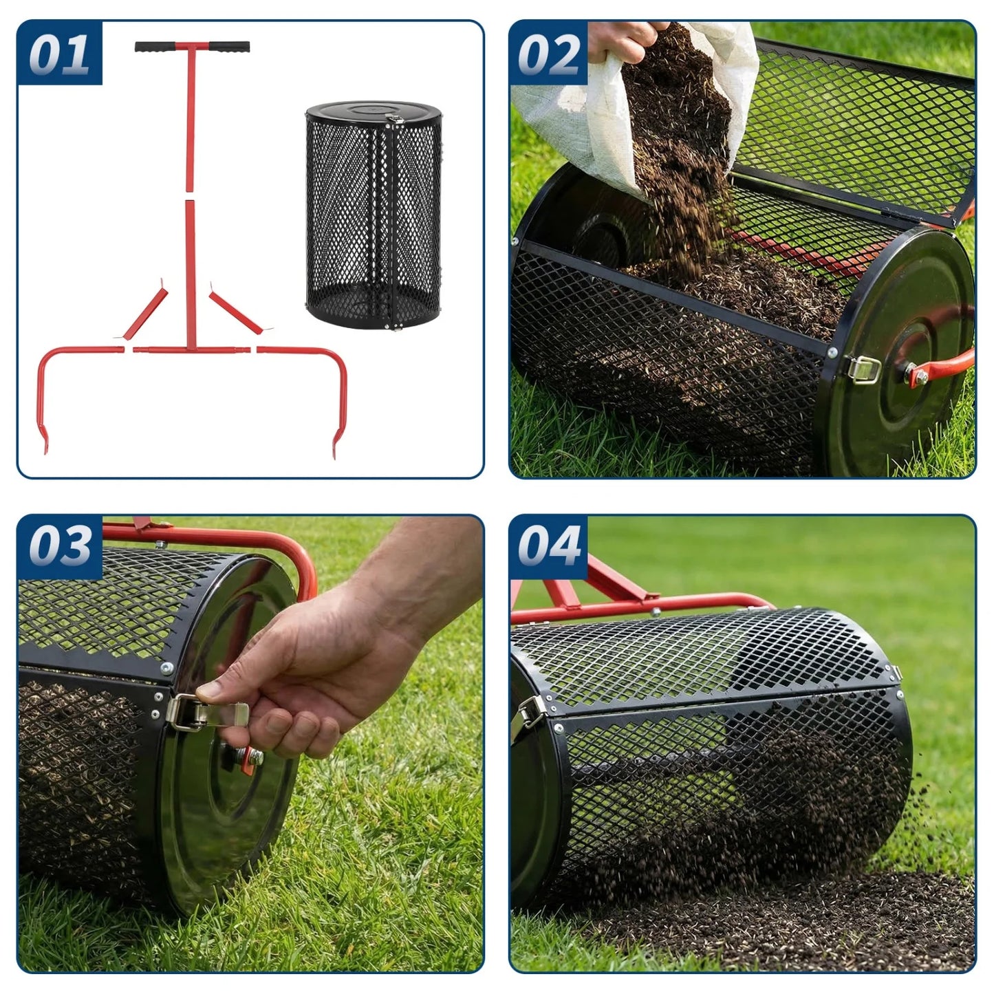 Compost Spreader, 24 Inch Peat Moss Spreader with T Shaped Handle, 3 Heights Adjustable, .