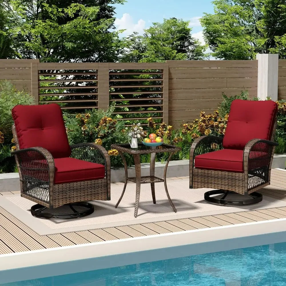 3-Piece Outdoor Swivel Rocker Set with Wicker Bistro Chairs, Cushions, and Glass Coffee Table in Wine Red .