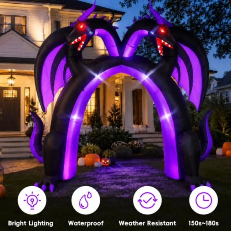 Halloween inflatable dragon archway for outdoor use, PVC material, black and red, double-headed walk-through design .