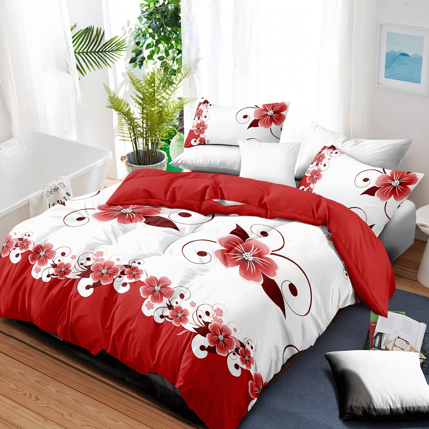 9 Piece Luxury Bedspread And Curtain Set Purple Floral Microfiber All Season