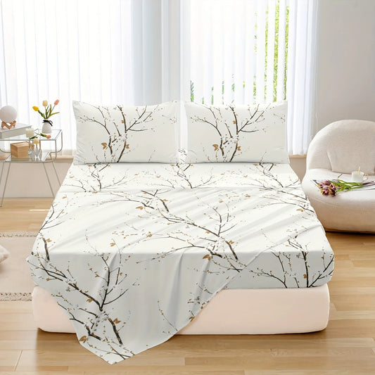 Dolin Plum Blossom Print Bedding Set (1 Fitted Sheet, 1 Flat Sheet, 2 Pillowcases) Ultra-Soft Breathable Fabric.