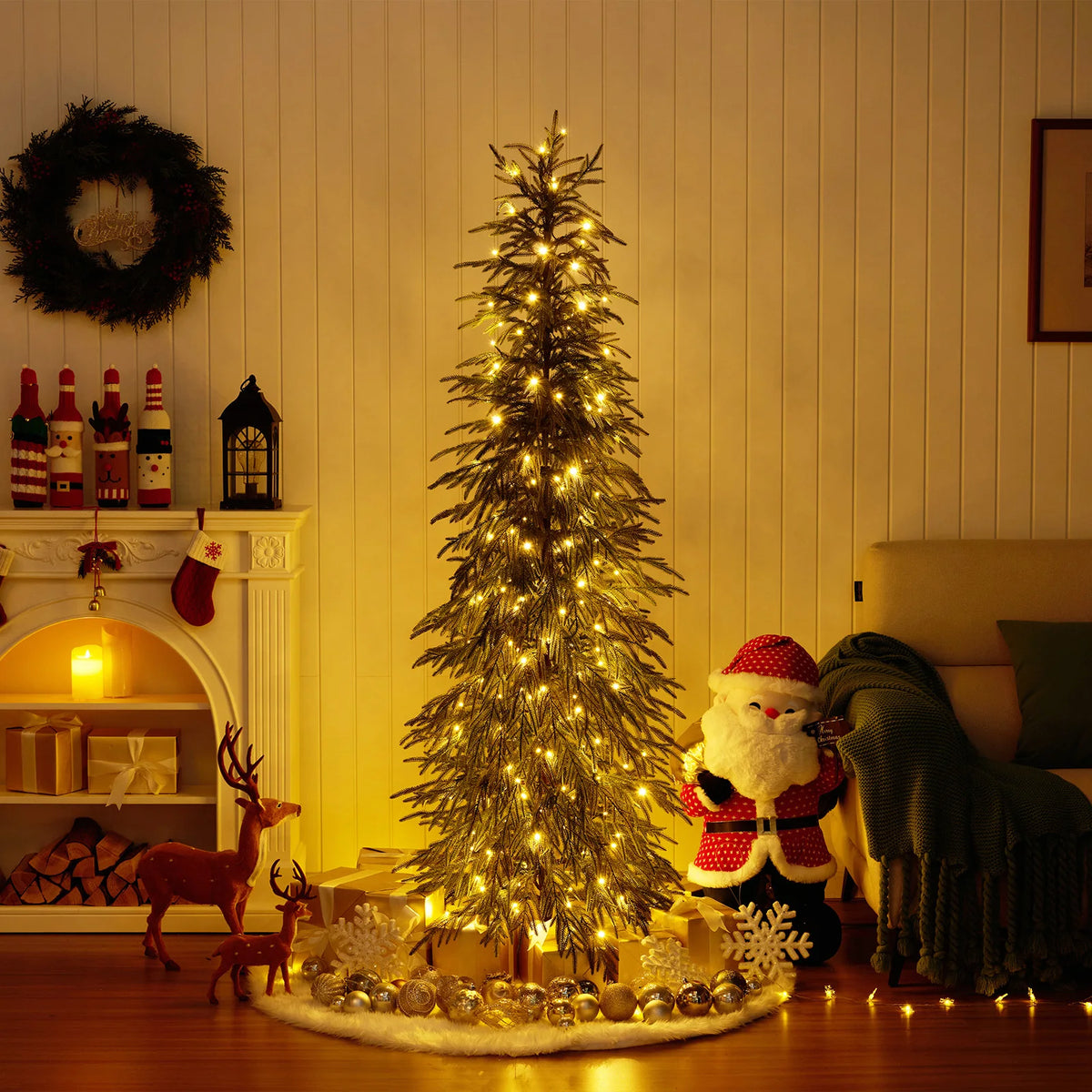 Artificial Pencil Christmas Tree, PE Realistic 6ft/7ft Prelit/.with Metal Stand, Holiday .