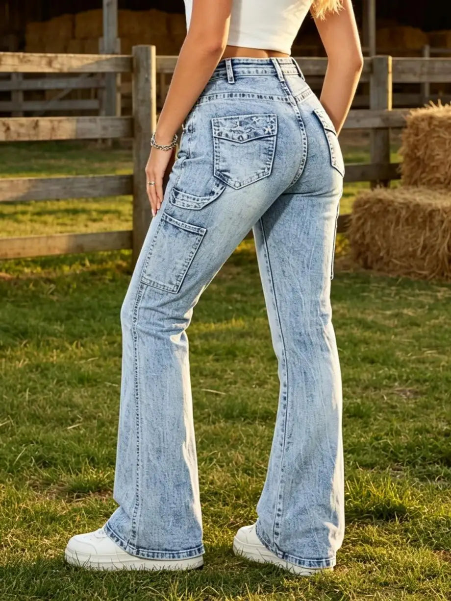 Jeans | Women Carpenter Pocket Design Denim Pants, High Waist Flare Bootcut Denim Jeans, Light Blue Snow Stone Wash, Tummy Control Butt-Lifting Optimize .