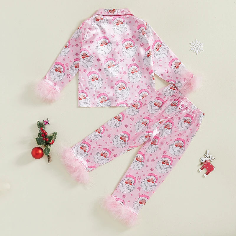 2024-08-02 Lioraitiin Toddler Baby Girl 2Pcs Christmas Pajamas Long Sleeve Feather Trim Shirt + Pants Set Sleepwear